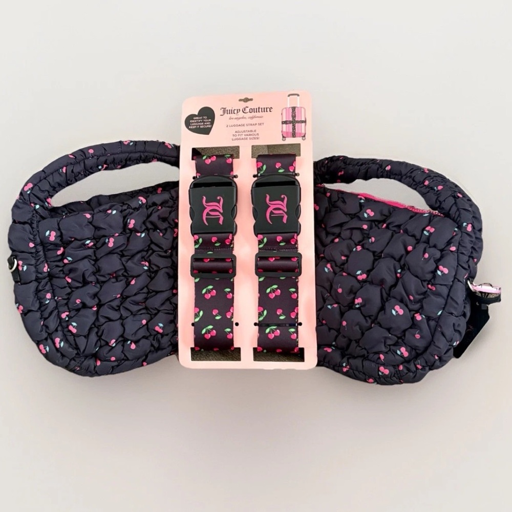 NWT JUICY COUTURE CHERRY HEARTS 4PC SET 2Bags Luggage ID Straps Safety Belts Y2K